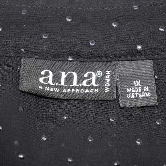 ANA Black Sheer Pullover Blouse Woman 1X Polka Dot Split Neck Monochrome Minimal - Picture 3 of 9
